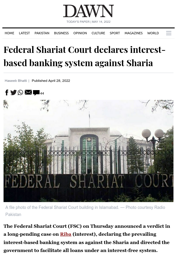 Dawn - Federal Shariat Court declares interest-based banking system against Sharia